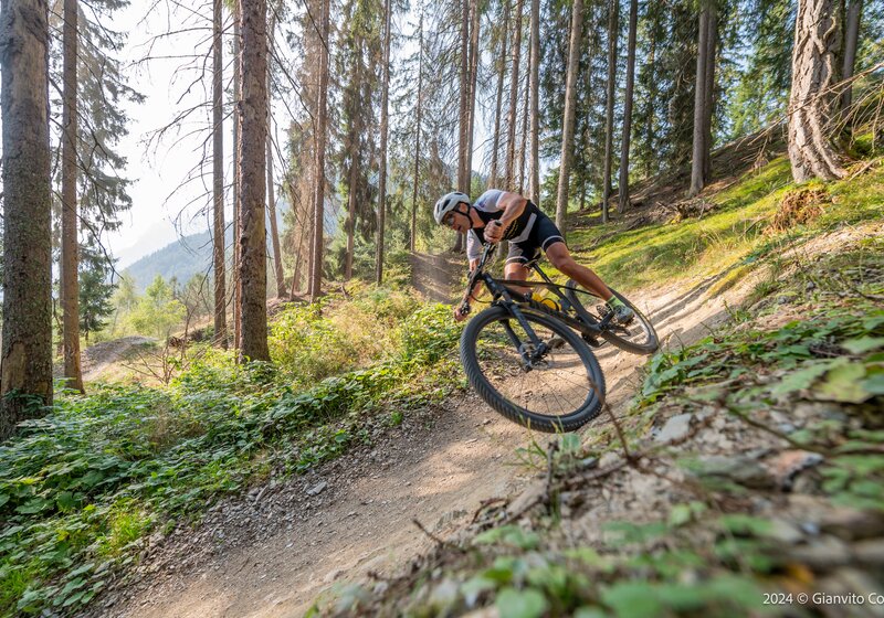 Ein Fahrer saust durch einen kurvigen Trail im Wald mit Blick auf die Berge. | © Gianvito Coco