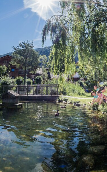 Eine Familie spielt bei einem kleinen Teich im Sommer. | © Harald Wisthaler