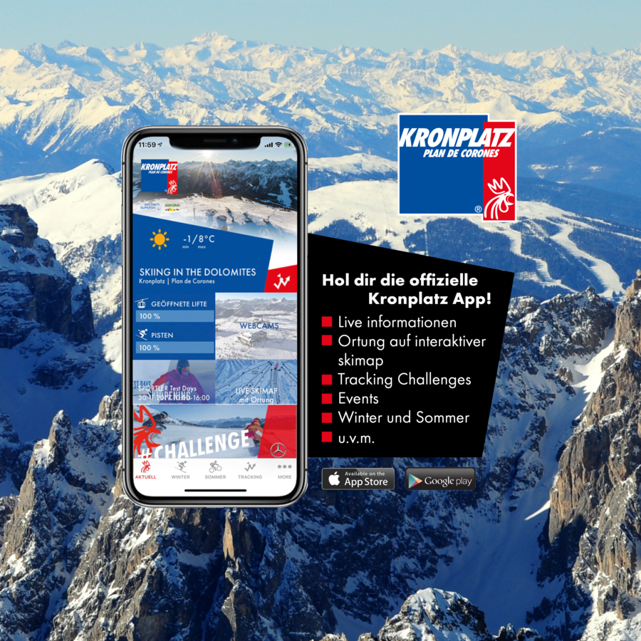 Das Bild beschreibt die Features unserer Kronplatz App. | © Skirama Kronplatz
